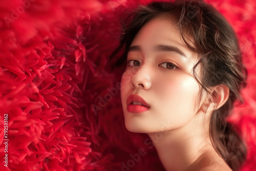 Intimate portrait of a serene Asian woman against a red feather-like textured backdrop