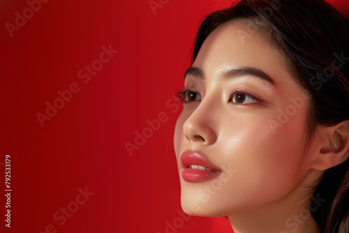 A woman s profile in sharp focus with meticulous makeup and a vivid red backdrop enhancing her features