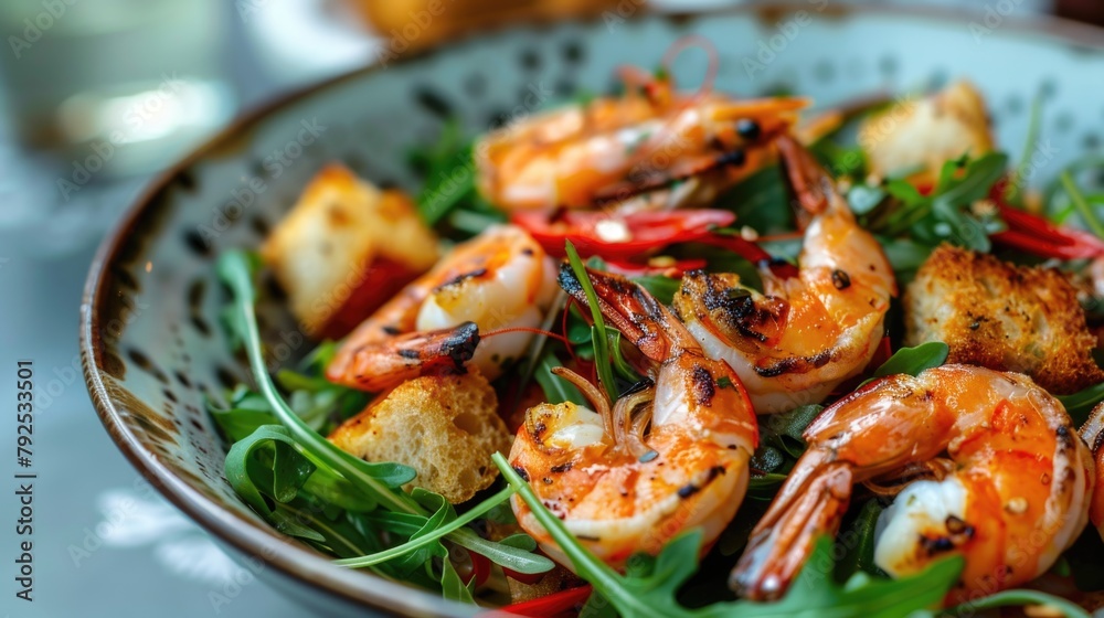 Grilled shrimp with herbs and spices on arugula salad. Grilled shrimp with herbs and spices on arugula salad.