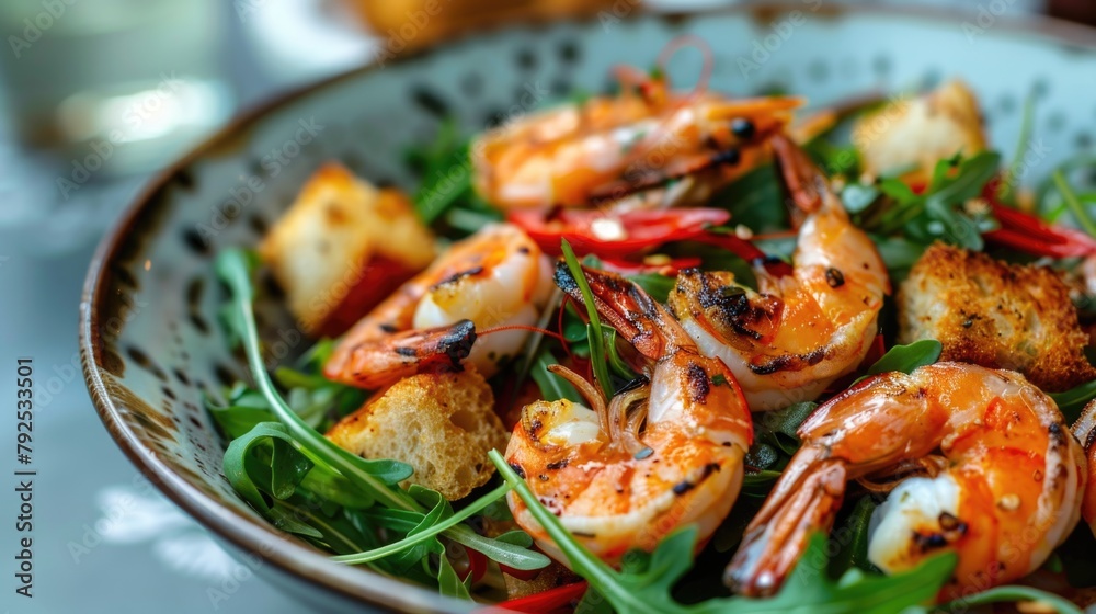 Grilled shrimp with herbs and spices on arugula salad.