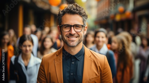 Confident man smiling with crowd in the background.