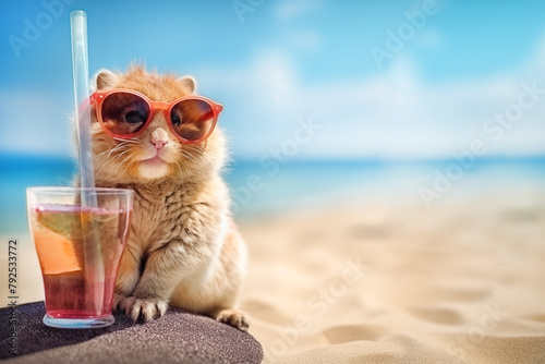 A hamster in sunglasses near a cocktail on a sea beach, copy space.
