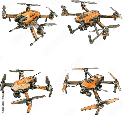 Color engraving raster Illustration set of Quadrocopter drone isolated on white background