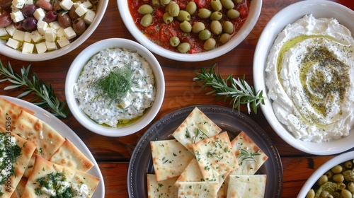 tempting array of Greek mezedes, including creamy tzatziki, tangy feta cheese, and crisp spanakopita, served with warm pita bread and olives.