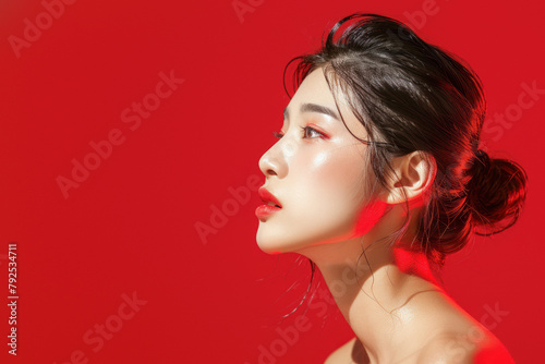 A woman's beauty highlighted by radiant skin and striking makeup in a monochromatic red scene