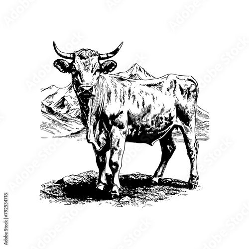 Detailed Cow Drawing with Mountain Backdrop Hand drawn style. Vector illustration design