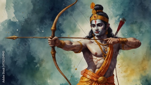 Watercolor illustration for Ram Navami showing Lord Rama with a bow and arrow Generative AI © Haroon