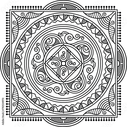Indian Traditional and Cultural Rangoli, Alpona, Kolam, or Paisley vector line art. centuries-old Bengali art tradition for textile printing, logo, wallpaper	