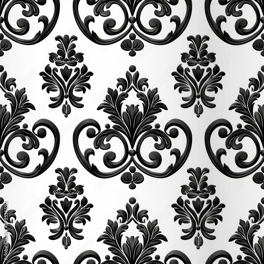 Seamless black and white floral damask pattern. Fabric Pattern.