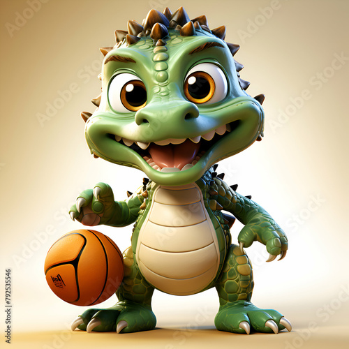 Cartoon character of a dragon with a basketball. 3d rendering © Wazir Design