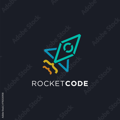 Rocket coding logo icon, programmer logo vector, web development logo icon vector template on dark background