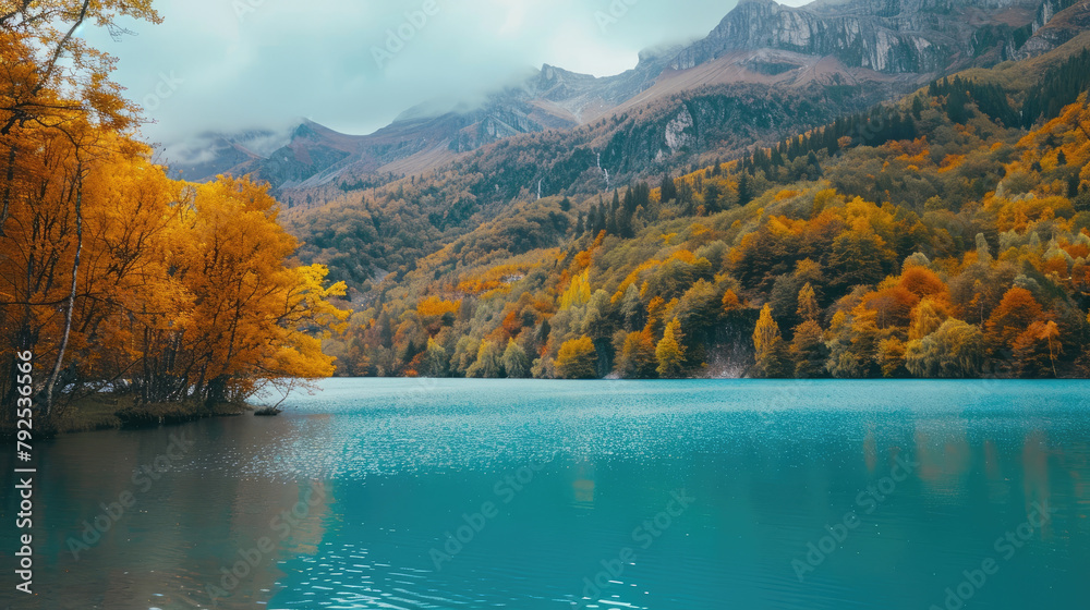 Autumnal harmony reflection lake with fiery foliage and forested mountain backdrop Autumnal harmony reflection lake with fiery foliage and forested mountain backdrop