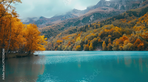 Autumnal harmony reflection lake with fiery foliage and forested mountain backdrop