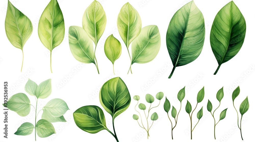 Set of Watercolor Tropical Spring Green Leaves

