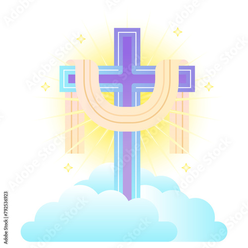 Ascension Day of Jesus Christ with blue cross and shining light on sky