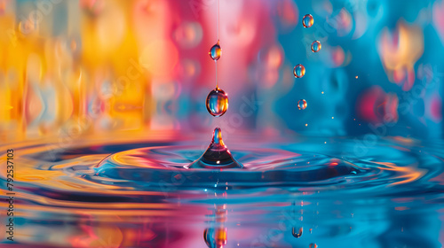 A drop of water creates ripples in a rainbow puddle .Ideal for artistic performances, science education or tranquil settings,3D masterpiece, A water droplet embodying the purity of liquid elegance 