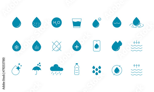Water icon set. Drop Water, Mineral Water, Low and High Tide, Shower, Plastic Bottle and Glass. Vector illustration