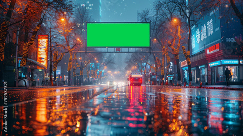 Digital ad for mock up. green screen. In street at night,generative ai © Krisana