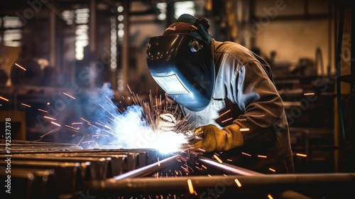 A skilled welder meticulously joins two pieces of metal together in a factory, creating sparks as they work photo