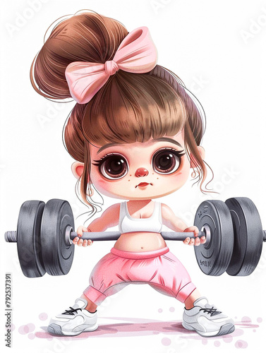 cute little girl with big eyes and chubby cheeks is lifting weights in the gym.
