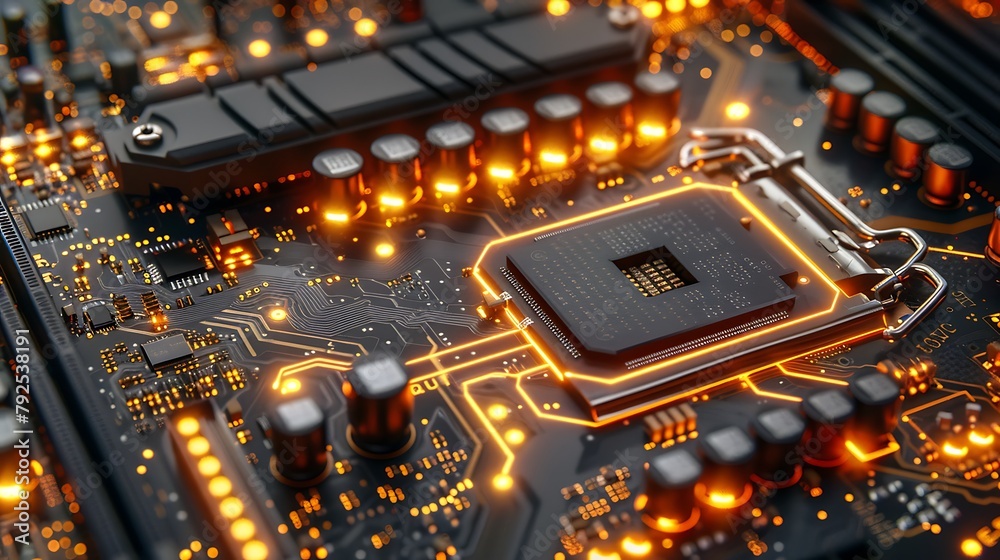 A high-resolution image showcasing the intricate details of gold-plated connectors and silicon chips on a motherboard. A high-resolution image showcasing the intricate details of gold-plated connectors and silicon chips on a motherboard.