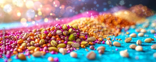 Assorted nuts on a colorful surface pistachios  photo