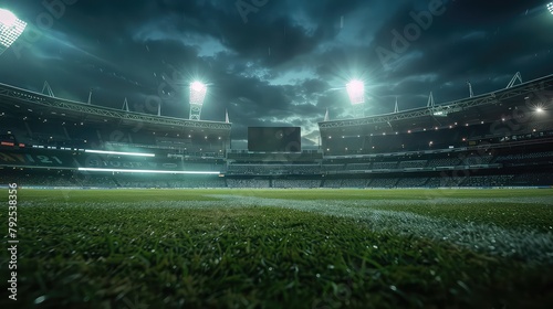 Empty grass field and illuminated outdoor soccer stadium - AI Generated © Rozeena