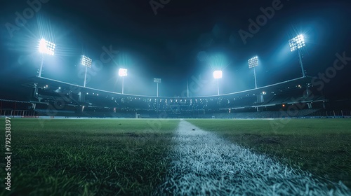 Empty grass field and illuminated outdoor soccer stadium - AI Generated photo