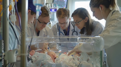 A team of doctors and nurses huddle around a premature baby in an incubator, one adjusting an IV drip while another checks vital signs on a monitor. photo