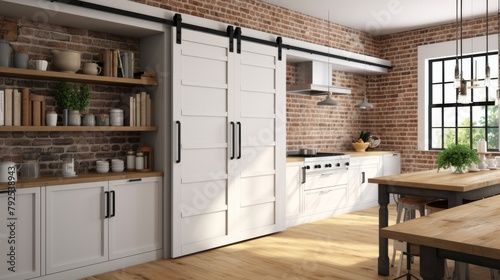 A kitchen with a charming brick wall and sleek white cabinets