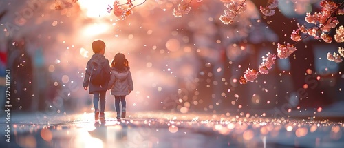 Children stroll under cherry blossoms petals falling creating a romantic atmosphere. Concept Romantic Setting, Cherry Blossoms, Children Photography, Outdoor Portraits, Springtime Photoshoot