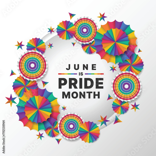 June is pride month - Text in circle frame with party supplies rainbow pride paper fans and star around vector design