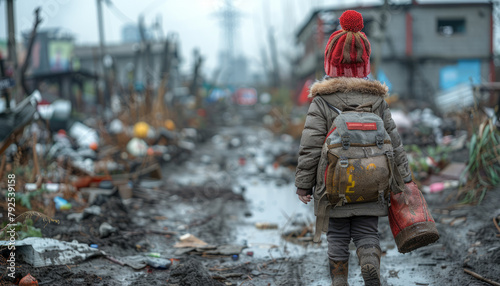 Child back view,Civilian refugee affected from aggression of war and battle escape city from war zone generative ai