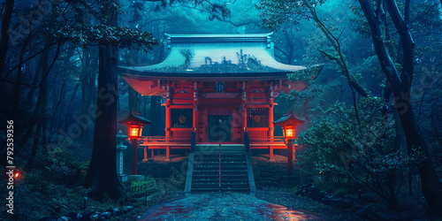 Japanese temple. ancient shrine in the middle of forest. night at the mountain.