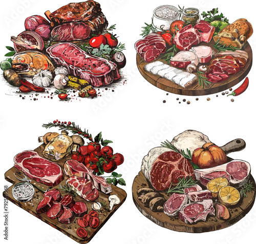 Color engraving raster Illustration set of Meat products still life isolated on white background