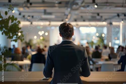 Rear view of a professional businessman watching over a collaborative meeting in a brightly-lit, contemporary office environment filled with diverse colleagues.