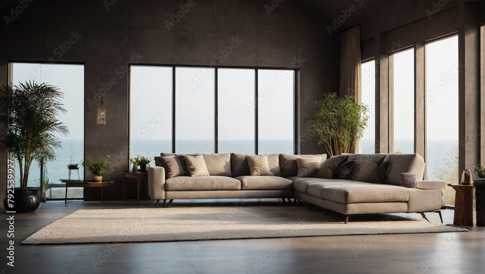 Fototapeta premium Modern style room with sofa, table, lamp and plant vase, Generative AI