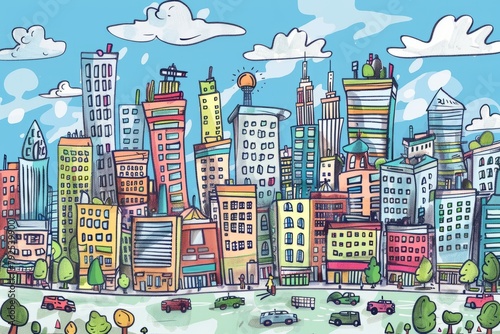 Cartoon cute doodles of a city skyline with skyscrapers, apartment buildings, and a bustling street below, Generative AI