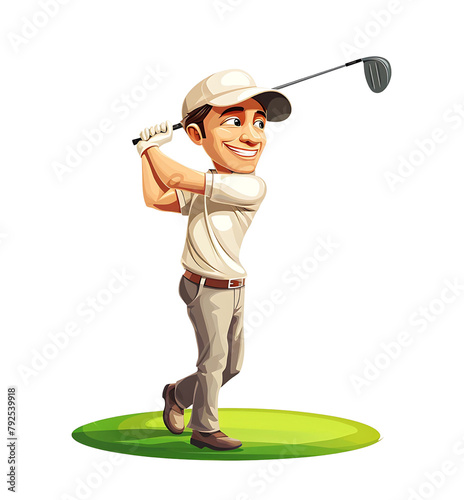 Cartoon golfer in mid-swing on a lush green, showcasing dynamic motion and playful character expression. Generative AI
