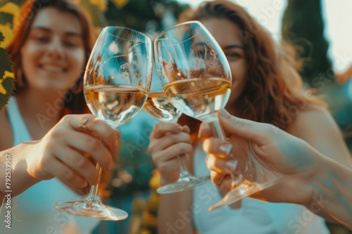 Young women toasting with glasses of white wine
