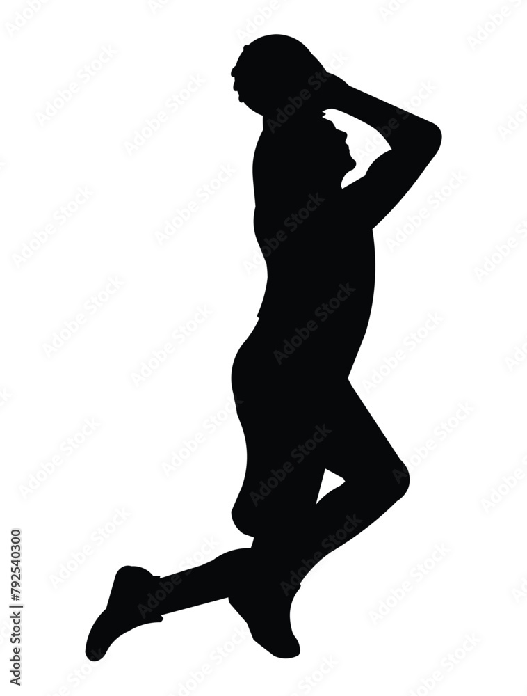Black silhouette of a basketball player who jumps high to throw a ball into a hoop with two hands