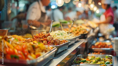 A blurry background image of a crowded food market showcasing the fusion of different cultures and flavors in the culinary world as chefs and food enthusiasts gather to share their .