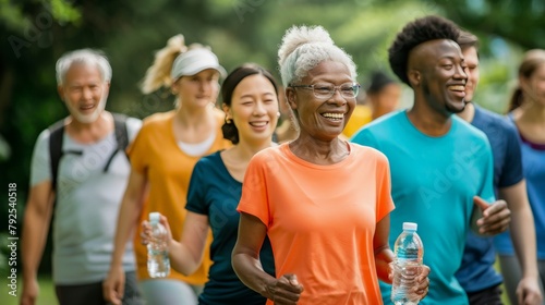 a diverse group of people, young and old, walking together in a park. a water bottle and wears comfortable clothing, symbolizing the importance of exercise in chronic disease management. photo