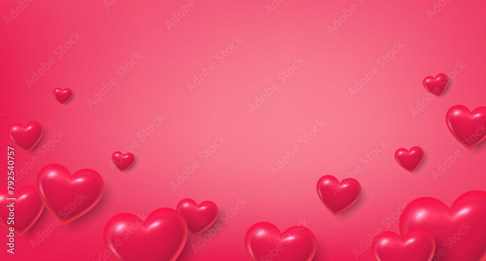 Hearts flying on red background. Heart shaped 3d icons of love for Women's, Mother's, Valentine's Day, birthday greeting card. Happy holiday love background with hearts. Vector illustration