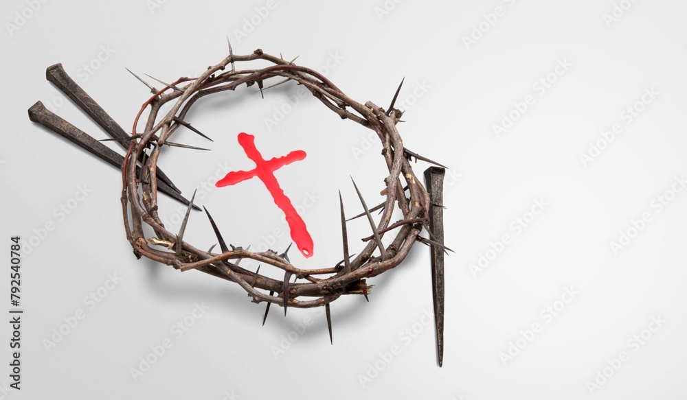 Jesus Crown of Thorns and nails with cross on desk - obrazy, fototapety, plakaty 