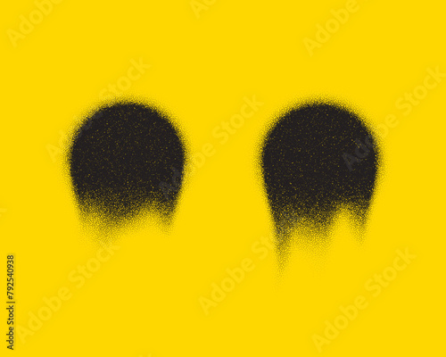 Charcoal splashes labels, black grain texture banners, abstract stipple sand effect. Gradient from dots pattern. Yellow background with grain dots label. Black noise gradient. Vector illustration