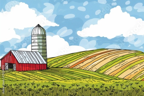 Cartoon cute doodles of a farmstead with a red barn, silo, and rows of crops stretching to the horizon, Generative AI