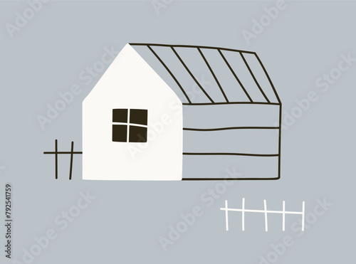 Country cottage house in kids doodle Scandinavian style. Cute black and white...