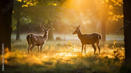 Two majestic deer standing peacefully side by side in a vibrant forest setting © Muhammad
