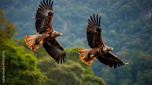 Two large birds glide gracefully over a lush green forest  surrounded by vibrant foliage